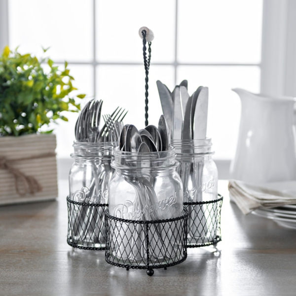 Burnt Brown Wood and Chicken Wire Utensil Holder, Flatware Serving Rack with 3 White Mason Jars