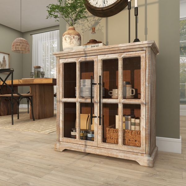 Small Rustic Old Wood Cabinet - 2 Paned Glass Doors and 4 Drawers