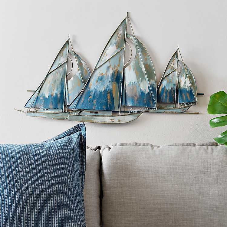 Metal Sailboat Nautical Wall Art Blue Metalwork with Clear Gem Accents 