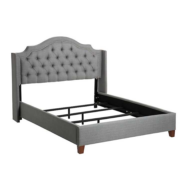 Tufted Gray Queen Bed With Nailhead, Gray Tufted Nailhead Headboard