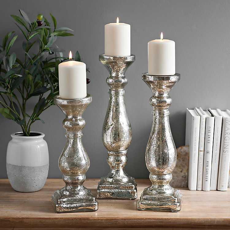 Small Mercury Glass Candlestick Candle Holder Silver 