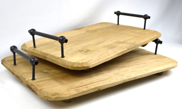 wooden tray with metal handles