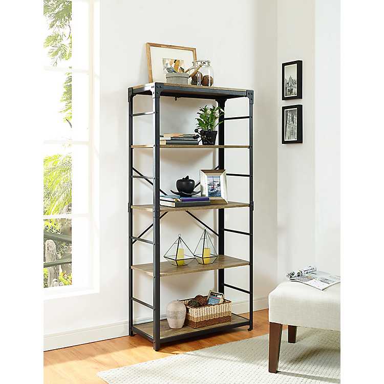 Brennon 5-Shelf Industrial Dark Tan Grey Wood Bookshelf 
