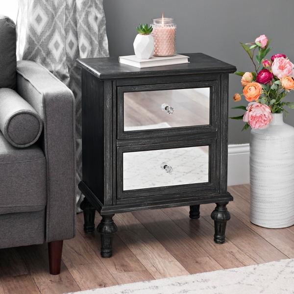 Black Washed Mirrored 2 Drawer Side Table Kirklands