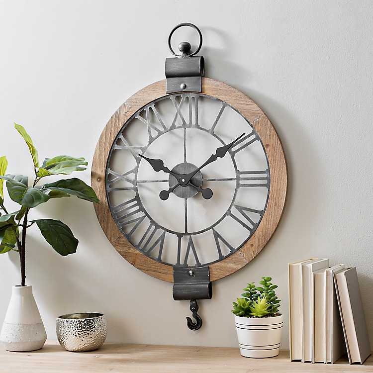 Metal And Wood Round Pulley Wall Clock Kirklands Home - Round Natural Wood Metal Wall Clock