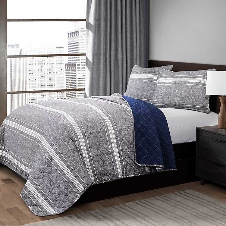 Gray Marly Stripe 3 Pc King Quilt Set, Gray King Bedding Set