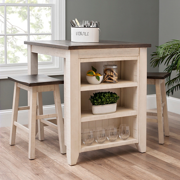 white kitchen island with stools