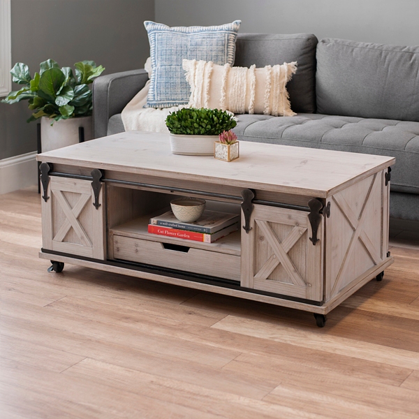 Gray Finished Farmhouse Sliding Door Coffee Table Kirklands