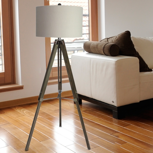 grey wooden tripod floor lamp