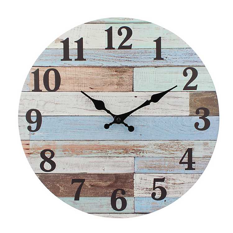 Coastal Worn Blue And White Wooden Wall Clock Kirklands - Wood Plank Wall Art Collection Oversize White Rustic Clock