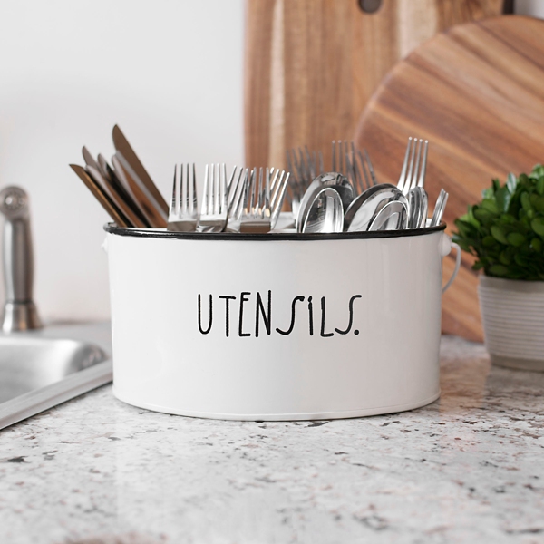 Personalized White Enamel Kitchen Utensil Holder