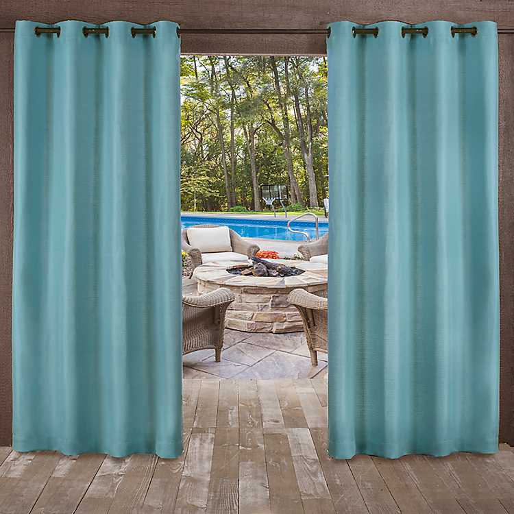 Teal Delano Outdoor Curtain Panel Set, Teal Grommet Curtains