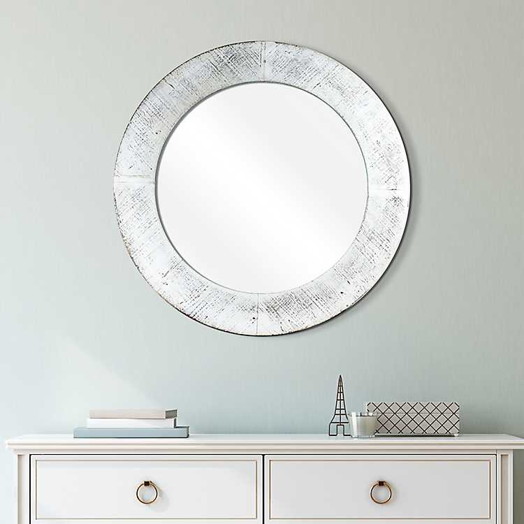 Round Rustic Distressed White Wood Wall, Distressed White Round Mirror