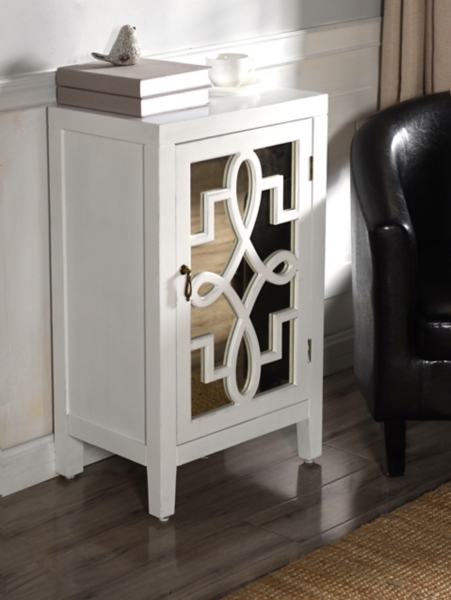 Mirrored 1-Door White Cabinet with Overlay Pattern