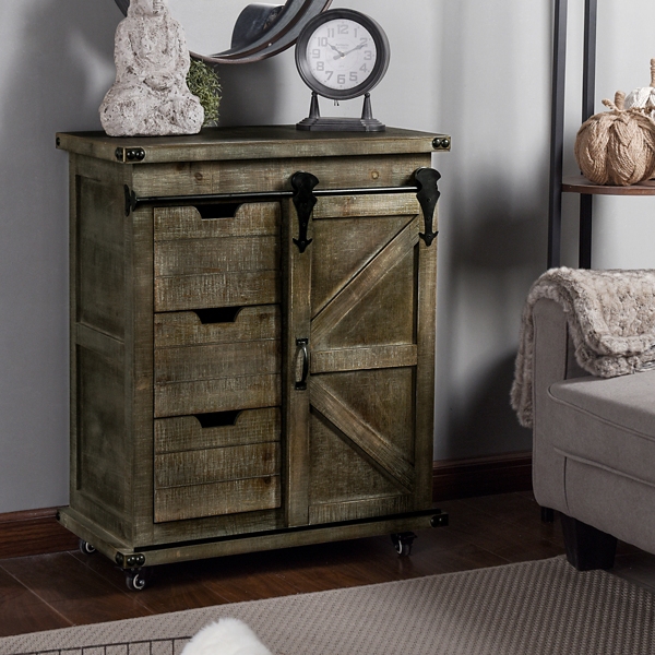 Rustic Gray Fir Wood Rolling Barn Door Cabinet