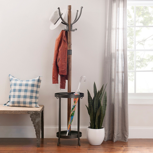 Wooden coat rack with umbrella clearance stand