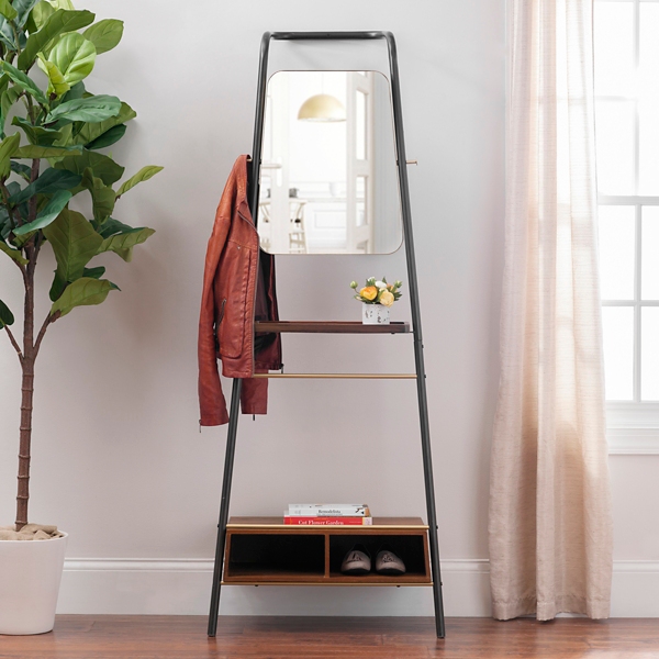 Leaning Coat Rack with Mirror and Shelves