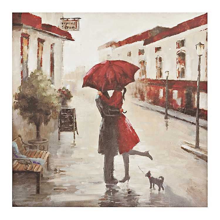 COUPLE WITH RED UMBRELLA OIL PAINT PRINT ON FRAMED CANVAS WALL ART PORTRAIT 