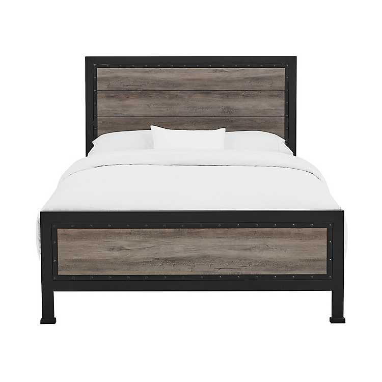 Industrial Wood Queen Bed With Metal, Queen Size Log Bed Frame