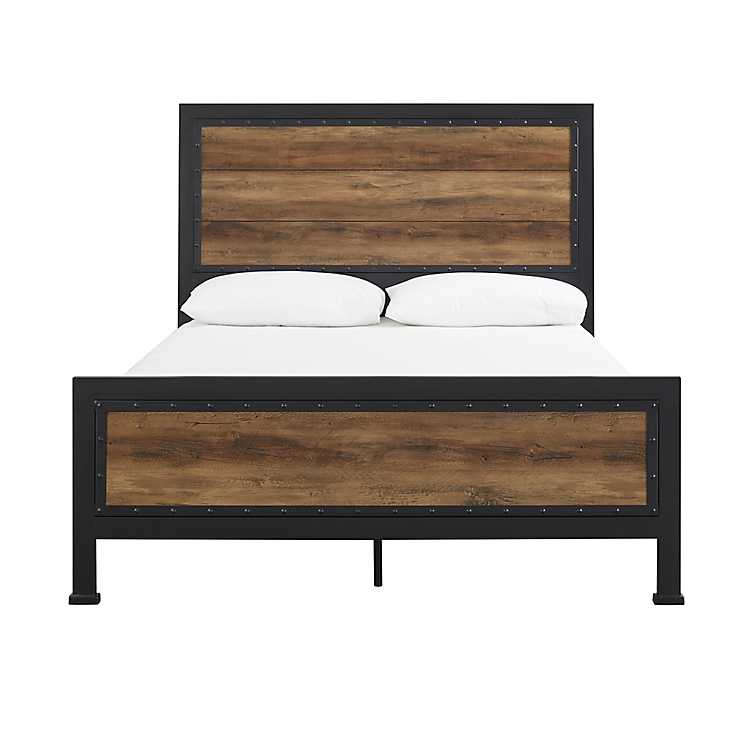 Industrial Rustic Oak Queen Bed With, Metal Wood Queen Bed Frame