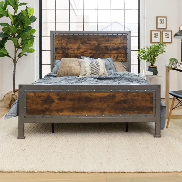 Industrial Brown Wood Queen Bed With Metal Frame Kirklands