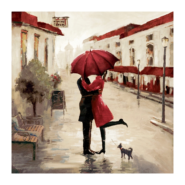 Art Street Couple in The Rain Art Print, Landscape Canvas Paint