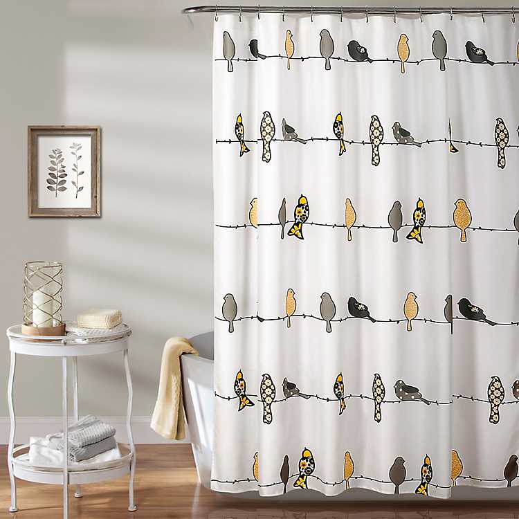 Gray Birds Rowley Shower Curtain, Yellow Grey Shower Curtain