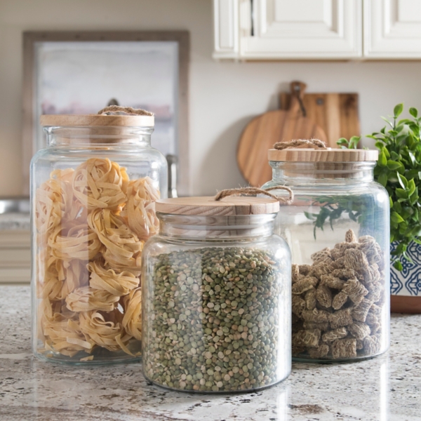 Set Of 3 Glass Jars With Wood Base and Lid - K&K Interiors