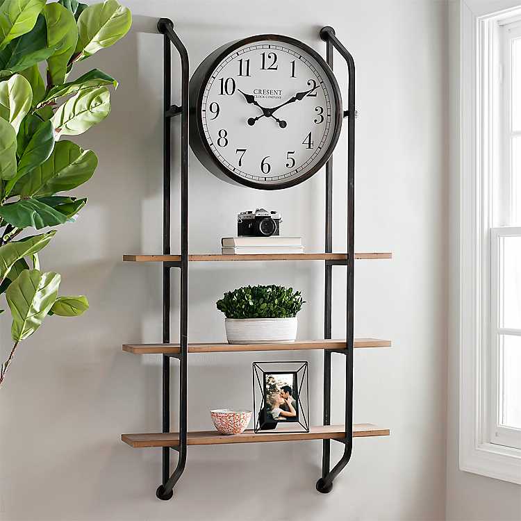 Large black wall clock with shelves octagon industrial scandi shelving display 