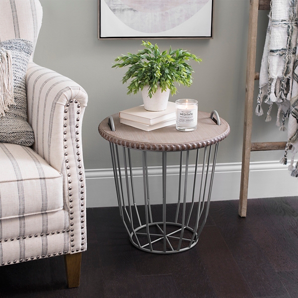 Gray Wire Basket Table With Beaded Wood Top Kirklands