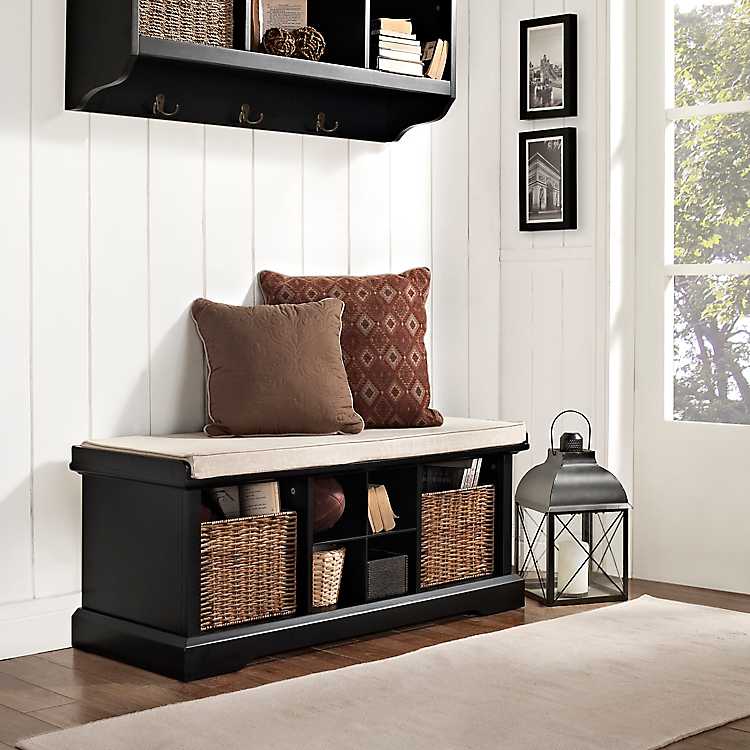 Wicker Baskets Black Storage Bench With, Bench With Cushion And Storage Baskets