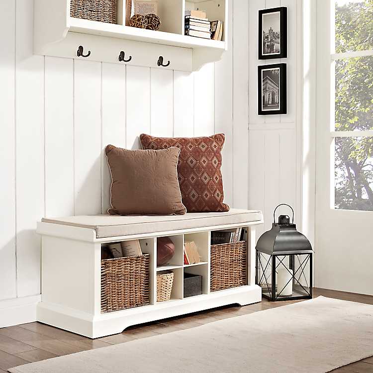 Wicker Baskets White Storage Bench With, Bench With Cushion And Storage Baskets