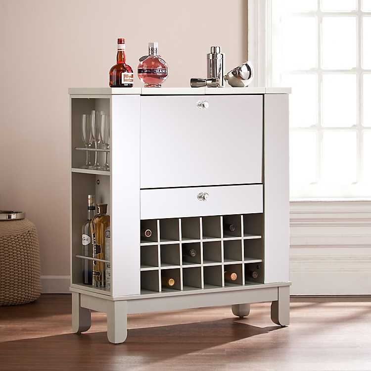 Cara Mirrored Bar Cabinet With Fold Out, Mirrored Wine Cabinet