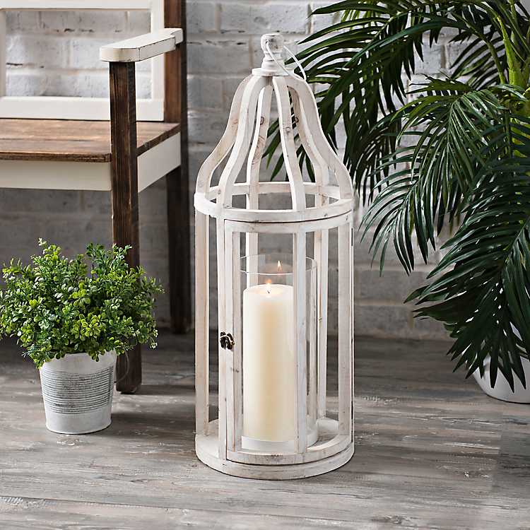Set of 2 White Washed Distressed Wooden Hurricane Lantern Candle Holders 