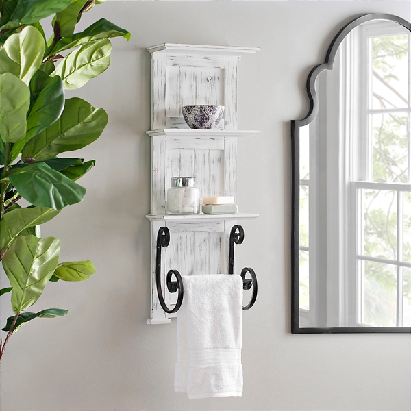 White Beadboard Shelves with Towel Bar Rack