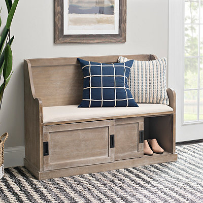 Natural Storage Pew Bench with Fabric Cushion