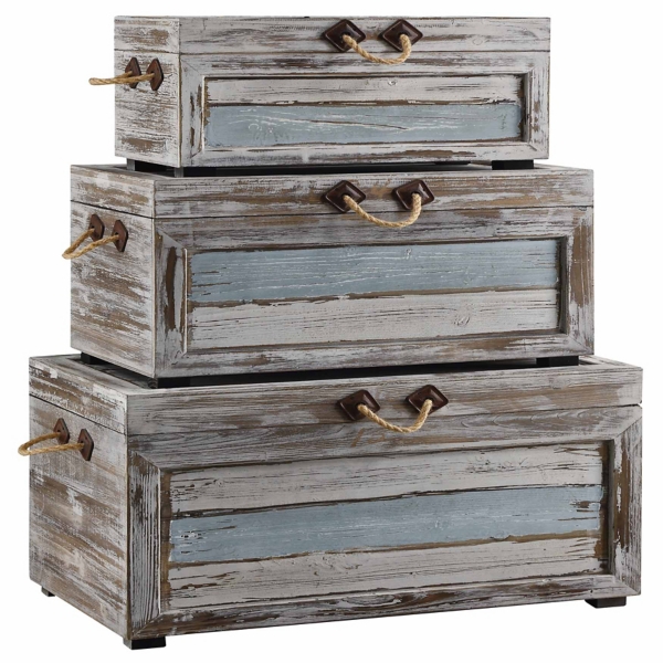 Nesting Blue White Weathered Wood Trunks Set Of 3 Kirklands