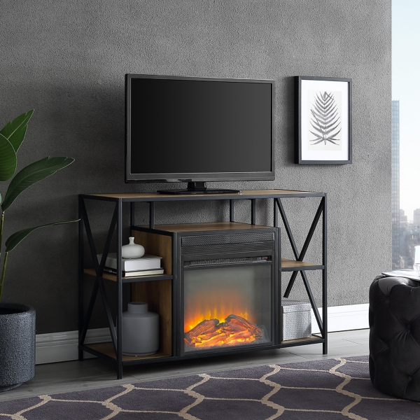 Rustic Oak Industrial Fireplace Media Cabinet | Kirklands Home