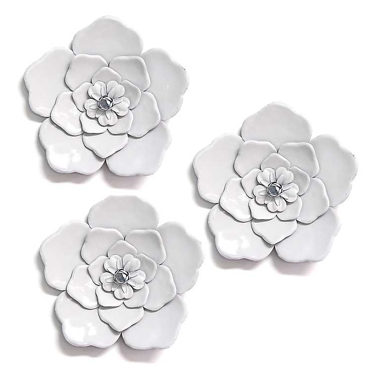 White Metal Flower Wall Plaques Set Of 3 Kirklands Home - White Metal Wall Art For Bedroom
