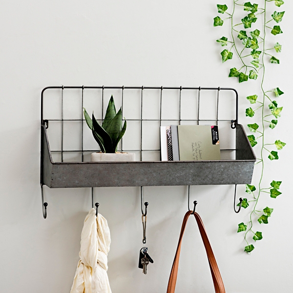 Galvanized Metal Pocket Shelf with Hooks