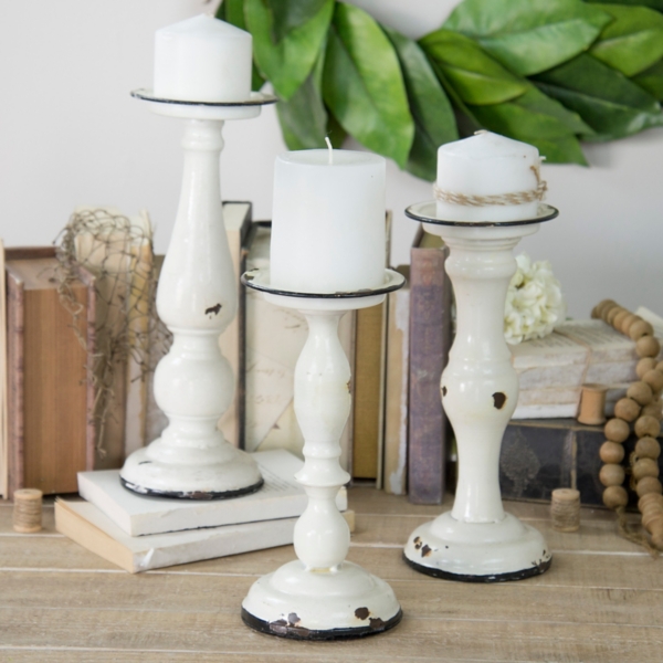 Distressed White Metal Candle Holders 