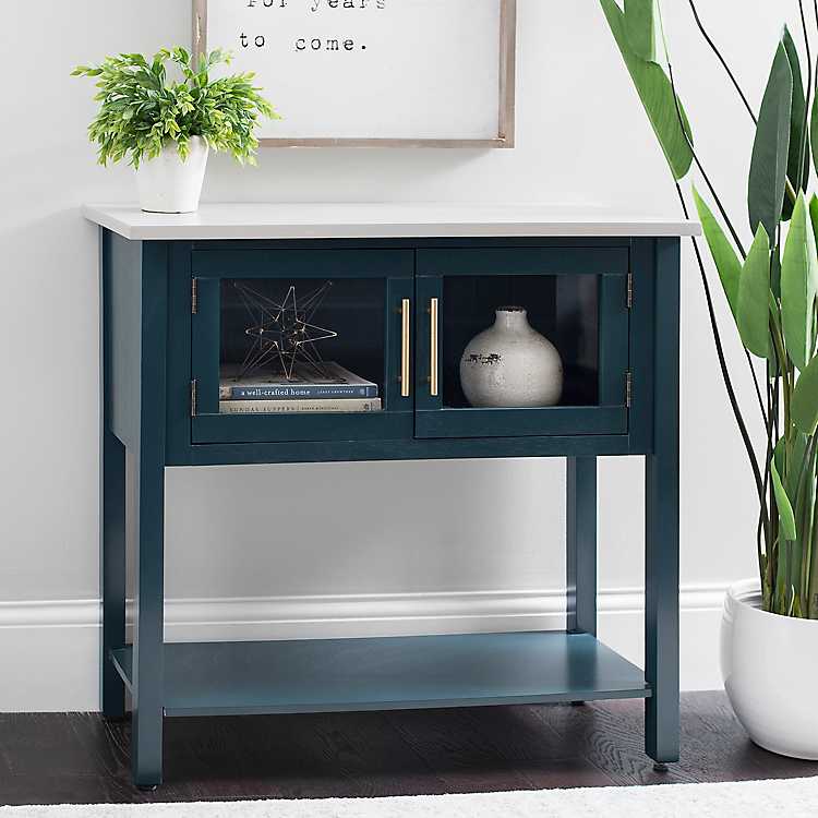 Teal Glass Door Console Table With Gray, Console Table With Mirrored Doors