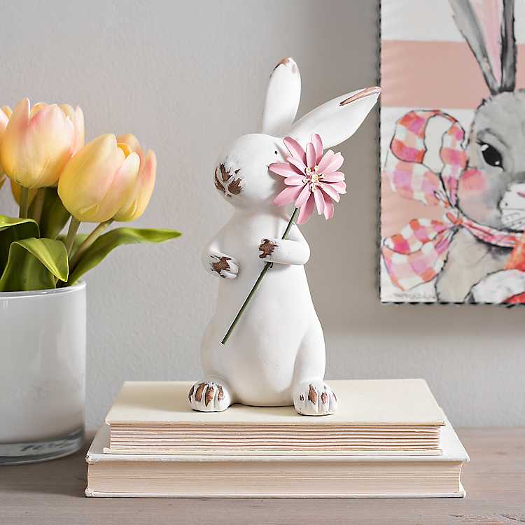 White Easter Bunny with Pink Flower