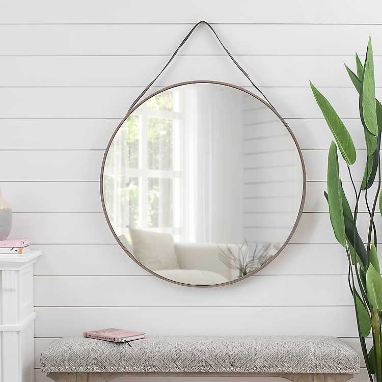 Large Leather Strap Wall Mirror 30 In, Round Hanging Mirror With Leather Strap