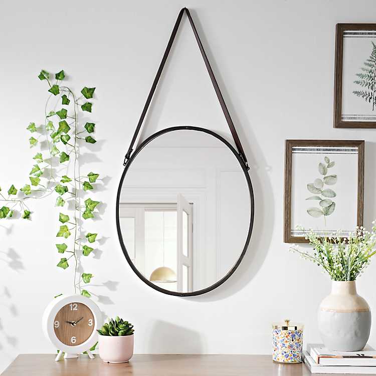 Oval Metal And Leather Hanging Mirror, Leather Strap Hanging Mirror