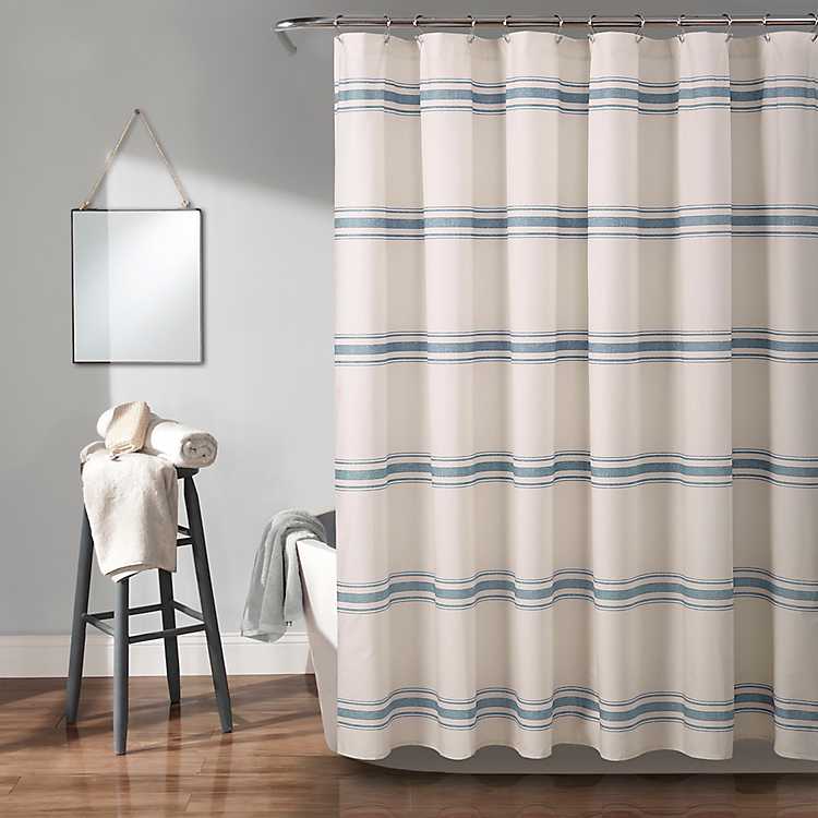 Blue Farmhouse Stripe Shower Curtain, Blue Stripe Shower Curtain