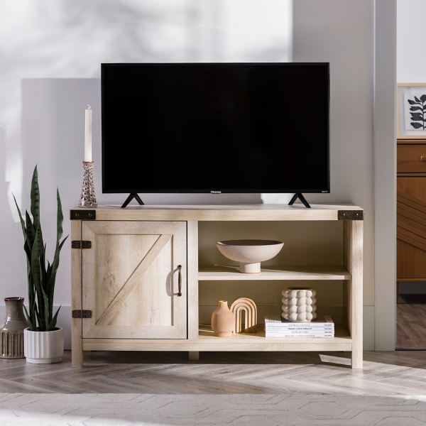 Barn Door White Oak TV Stand with Open Shelves Kirklands Home