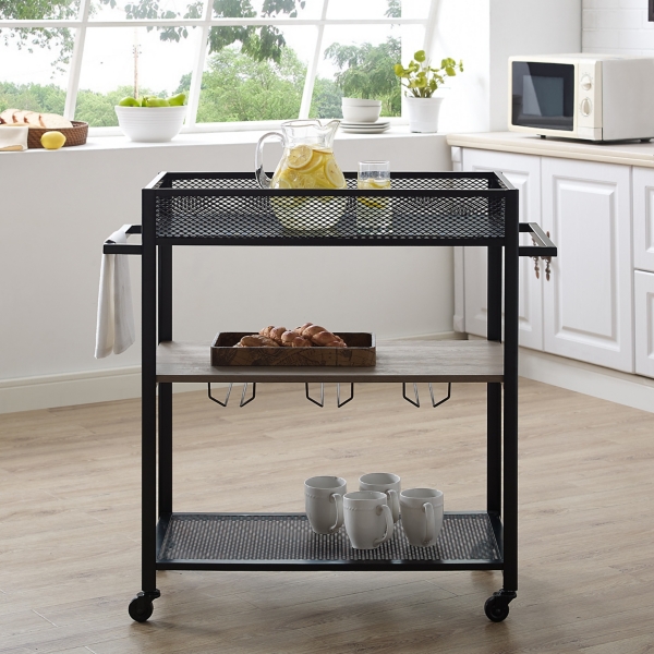 Industrial Metal and Gray Wood Rolling Bar Cart Kirklands Home
