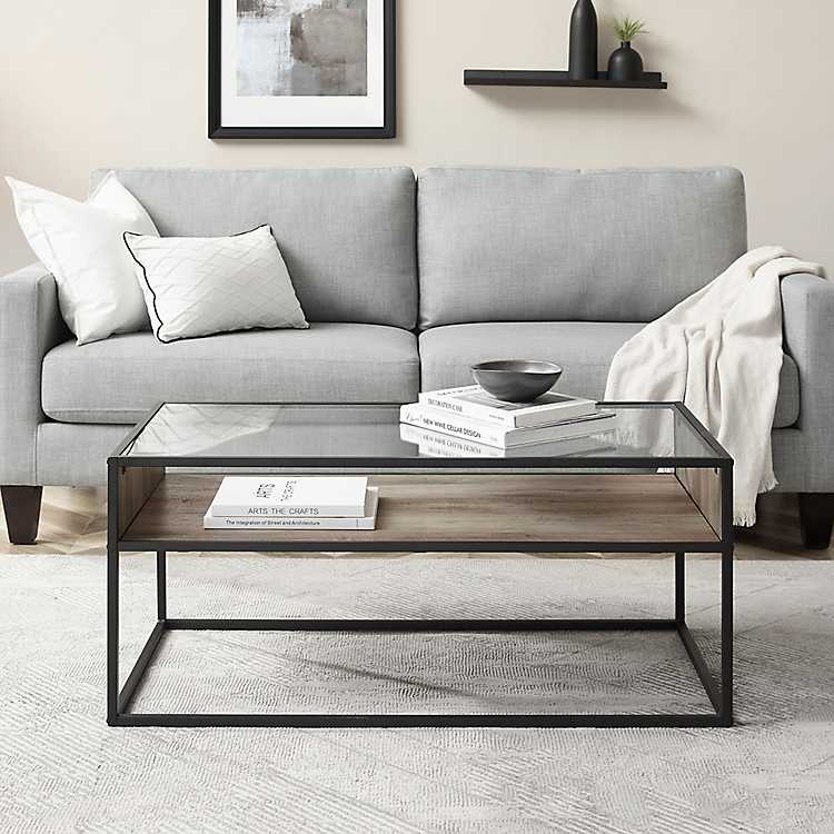 Urban Glass Top Metal And Gray Wood, Glass And Wood Coffee Tables For Living Room