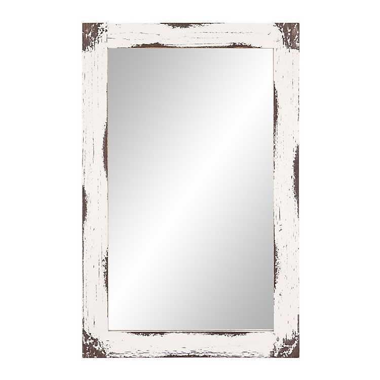 White Shuttered Working Frame Rustic Wall Mounted Mirror Distressed Wood Finish 